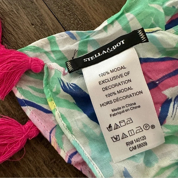 Stella & Dot Pink Green Modal Pastel Sailboat Palm Tree Rectangle Scarf Tassels - Picture 3 of 4